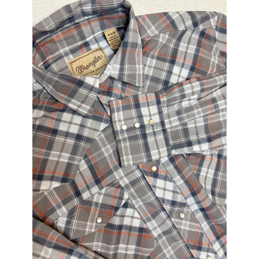 Wrangler Western‎ Shirt Mens Medium Grey Orange Plaid Pearl Snap Long Sleeve